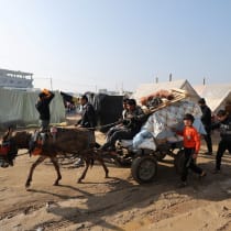  People transport belongings on an animal-drawn cart as displaced Palestinians, who fled their homes due to Israeli strikes, shelter in a tent camp in Rafah, southern Gaza Strip, January 1, 2024