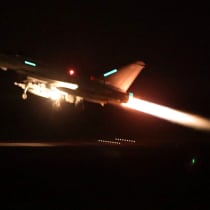  An RAF Typhoon aircraft takes off to join the U.S.-led coalition from RAF Akrotiri to conduct air strikes against military targets in Yemen, aimed at the Iran-backed Houthi militia that has been targeting international shipping in the Red Sea, in Cyprus, in this handout picture released on January 
