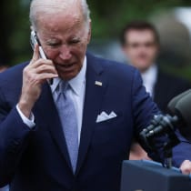  U.S. President Joe Biden speaks on a phone following an event marking National Small Business Week, in the Rose Garden of the White House in Washington, U.S., May 1, 2023.