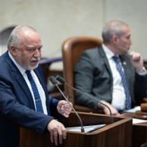  MK Avigdor Liberman speaks during a plenum session at the assembly hall of the Knesset, the Israeli parliament in Jerusalem, March 6, 2024. 