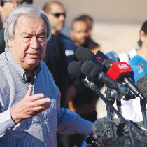  UN SECRETARY-GENERAL Antonio Guterres speaks to the media after visiting the Rafah border crossing between Egypt and the Gaza Strip, last month.