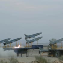  A drone is launched during a military exercise in an undisclosed location in Iran, in this handout image obtained on October 4, 2023.