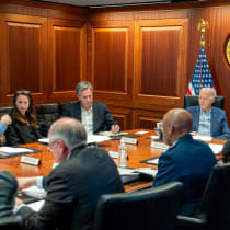  U.S. President Joe Biden meets with members of his national security team as seen in this White House handout image taken in the Situation Room at the White House, in Washington, U.S., April 13, 2024.