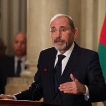  Jordanian Foreign Minister Ayman Safadi speaks during a press conference with Egyptian Foreign Minister Sameh Shoukry and French Minister for Europe and Foreign Affairs Stephane Sejourne, following a meeting discussing the conflict between Israel and Hamas in Cairo, March 30, 2024.