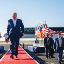  DONALD TRUMP arrives for his first 2024 presidential campaign rally at Waco Regional Airport in Texas, March 25. The rally coincided with the 30th anniversary of the Waco standoff.