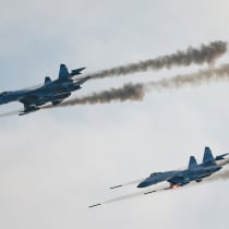  Russian Sukhoi Su-35 jet fighters fire missiles during the Aviadarts competition, as part of the International Army Games 2021, at the Dubrovichi range outside Ryazan, Russia August 27, 2021.