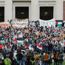  Demonstrators take part in an "Emergency Rally: Stand with Palestinians Under Siege in Gaza," amid the ongoing conflict between Israel and the Palestinian Islamist group Hamas, at Harvard University in Cambridge, Massachusetts, U.S., October 14, 2023. 