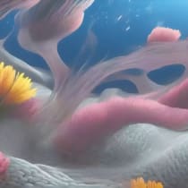 Ronen Tanchum, "Botanic Reverie", 2024, obra de arte creada por IA. Esta obra muestra cómo la IA imagina paisajes surrealistas, fusionando lo orgánico con fantasías líquidas.