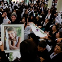  Families whose children were killed by a Hezbollah rocket launched react before the funeral in Majdal Shams, northern Israel, July 28 2024