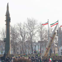  A view of an Iranian missile during the 45th anniversary of the Islamic Revolution in Tehran, Iran, February 11, 2024. 