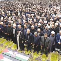  IRAN’S SUPREME Leader Ayatollah Ali Khamenei performs a prayer at the funeral of assassinated Hamas chief Ismail Haniyeh, in Tehran, last week. 