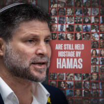  Finance Minister Bezalel Smotrich seen over posters of Israeli hostages in Gaza