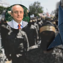  Mohsen Sazegara, fundador del IRGC, sobre una foto de personal del IRGC y un misil iraní (ilustrativo)