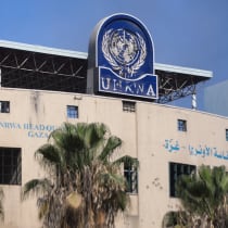  A damaged sign is pictured at the headquarters of UNRWA, following an Israeli raid, amid the Israel-Hamas conflict, in Gaza City, July 12, 2024.