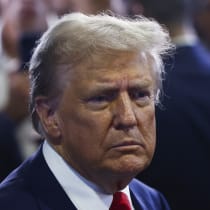  Republican presidential nominee and former U.S. President Donald Trump reacts in the spin room, on the day of his debate with Democratic presidential nominee and U.S. Vice President Kamala Harris, in Philadelphia, Pennsylvania, US, September 10, 2024.