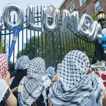  PROTESTERS GATHER at the entrance of Columbia University, which adorned to welcome students for convocation, in New York City, last month. US politicians must state publicly that they will pull funding from universities that do not protect Jewish students, the writer asserts.