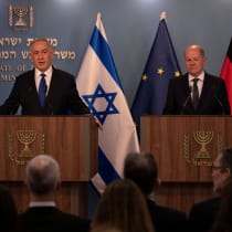  Israeli Prime Minister Benjamin Netanyahu delivers his speech after a meeting with German Chancellor Olaf Scholz in Jerusalem, March 17, 2024. 