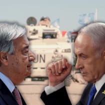  (I-D): El Jefe de la ONU, Antonio Guterres, y el Primer Ministro Benjamin Netanyahu sobre los vehículos de la FPNUL en Líbano (ilustrativo)