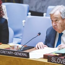  El Secretario General de las Naciones Unidas, Antonio Guterres, habla durante una reunión del Consejo de Seguridad el mes pasado. Es la última persona en el mundo que aún cree que los palestinos interesan a los iraníes, sostiene el escritor. 