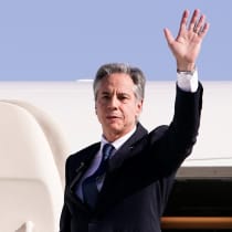  U.S. Secretary of State Antony Blinken waves as he departs for Riyadh, Saudi Arabia, at Ben Gurion International Airport, in Tel Aviv, Israel, October 23, 2024.