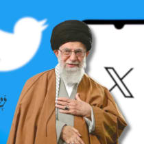 Iran's Supreme Leader Ali Khamenei behind an X/Twitter background with Hebrew text of 'Shalom' (illustrative)