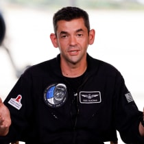 Commander Jared Isaacman of Polaris Dawn, a private human spaceflight mission, speaks at a press conference at the Kennedy Space Center in Cape Canaveral, Florida, U.S. August 19, 2024. Launch aboard a SpaceX Falcon 9 rocket is scheduled for August 26