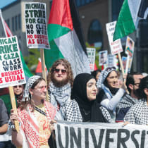  A COALITION of pro-Palestinian students at the University of Michigan and other supporters protest in the street, in Dearborn, last May. Last weekend, a student was attacked off campus for answering ‘yes’ in response to the question ‘are you Jewish?’ 