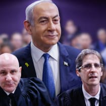 (Illustrative) Prime Minister Benjamin Netanyahu and judges at the Tel Aviv District Court, December 10, 2024.