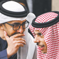  UAE FOREIGN Minister Sheikh Abdullah bin Zayed al-Nahyan speaks with Saudi Arabia’s Foreign Minister Prince Faisal bin Farhan al-Saud at the Arab Contact Group on Syria in Aqaba, Jordan, last Saturday. The writer purports that a determined US initiative is likely to be reciprocated by its Arab alli