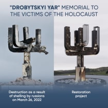  THE DROBYTSKYI Yar Memorial to the victims of the Holocaust, on the outskirts of Kharkiv, was destroyed by Russian shelling in March 2022.  On the right: The restoration plan.
