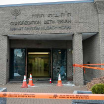  The entrance to Congregation Beth Tikvah in Montreal, Quebec, Canada, following an antisemitic attack, December 18, 2024