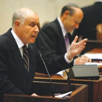  THEN-LIKUD MK Michael Eitan addresses the Knesset plenum, 2008. The writer notes that the last effort to reach a complete constitution in Israel was made during the term of the 16th Knesset in 2003-06, when the late Eitan was chair of the Constitution, Law, and Justice Committee. 