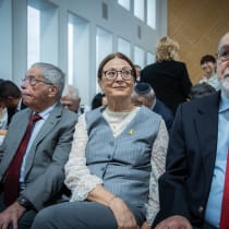  Former Supreme court president Esther Hayut (C) at a farewell ceremony for retiring acting Supreme Court President Uzi Vogelman, at the Supreme Court in Jerusalem on October 1, 2024.