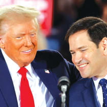  US PRESIDENT-ELECT Donald Trump and secretary of state-designate Marco Rubio attend a campaign event before last month’s presidential election. ‘Israeli officials have told me privately that they cannot wait for Secretary of State Antony Blinken to be replaced by Marco Rubio,’ says the writer.
