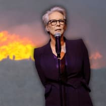  Jamie Lee Curtis ante el fondo del incendio de Palisades, uno de los incendios simultáneos que han arrasado el condado de Los Ángeles, visto desde el barrio de Tarzana en Los Ángeles, California, EE.UU. 11 de enero de 2025. (ilustrativo)