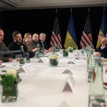 U.S. Vice President JD Vance, Secretary of State Marco Rubio, Ukrainian President Volodymyr Zelenskiy, Deputy Prime Minister Olha Stefanishyna and Defense Minister Rustem Umerov attend a bilateral meeting, on the sidelines of the Munich Security Conference (MSC), in Munich, Germany February 14, 2025