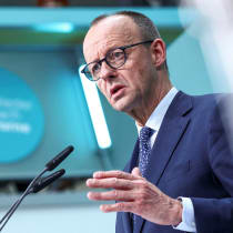  German conservative candidate for chancellor and Christian Democratic Union (CDU) party leader Friedrich Merz attends a press conference following the German general election in Berlin, Germany, February 24, 2025. 