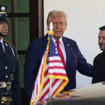 US President Donald Trump greets Ukrainian President Volodymyr Zelensky at the White House in late February, 2025.