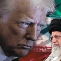  El presidente estadounidense Donald Trump visto sobre una bandera iraní (ilustrativo)