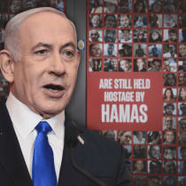  El Primer Ministro Benjamín Netanyahu visto sobre carteles de rehenes israelíes en Gaza