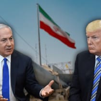  De izq. a dcha: El primer ministro israelí, Benjamin Netanyahu, y el presidente estadounidense, Donald Trump, con la bandera iraní de fondo (ilustración).