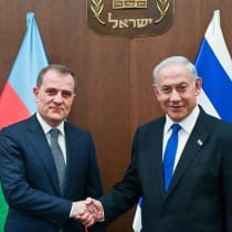  Azerbaijani Foreign Minister Ceyhun Bayramov (L), visits Israel to open the Embassy of Azerbaijan in Tel Aviv, meets with Israeli Prime Minister Benjamin Netenyahu (R) in West Jerusalem on March 29, 2023.