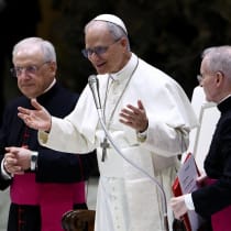  Pope Leo XIV holds an audience with representatives of the media in Paul VI hall at the Vatican, May 12, 2025.