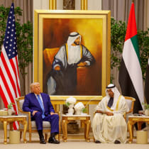  US President Donald Trump meets United Arab Emirates President Sheikh Mohamed bin Zayed Al Nahyan, at Qasr Al Watan, in Abu Dhabi, United Arab Emirates, May 15, 2025. 