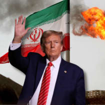  Donald Trump sobre un fondo de una bandera iraní. (Ilustrativo) 
