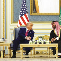  US PRESIDENT DONALD TRUMP meets with Saudi Crown Prince Mohammed bin Salman during a ‘coffee ceremony’ at the Saudi Royal Court in Riyadh, May 13