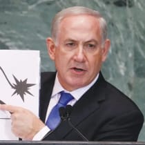  EN UN DISCURSO ANTE LA ASAMBLEA GENERAL DE LA ONU en 2012, el primer ministro Benjamin Netanyahu señala una línea roja en relación con el programa nuclear iraní.