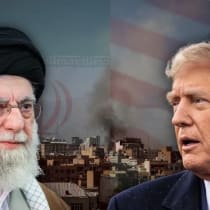  De izq. a dcha: El ayatolá iraní Ali Jamenei, el presidente estadounidense Donald Trump con el telón de fondo de las respectivas banderas y los ataques con misiles
