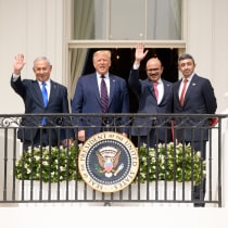  Washington DC, USA - September 15, 2020: Benjamin Netanyahu, Donald Trump, Abdullatif bin Rashid Al Zayani, and Abdullah bin Zayed Al Nahyan attend the Abraham Accords ceremony in The White House.