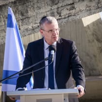 Justice Minister Yariv Levin speaks at a ceremony for murdered Gaza hostage Thai national Sonthaya Oakkharasri before his remains were flown back to Thailand, October 22, 2025.